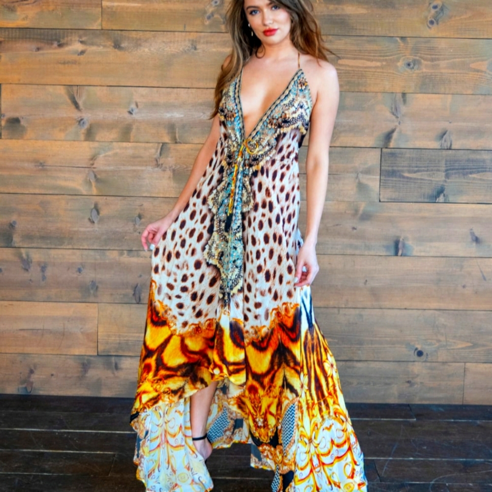 MANISH VAID- Silk Leopard Hi-Lo CRY.Emb. Dress-NWT $299